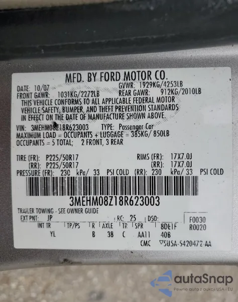 2008 Mercury Milan Premier из США, поврежденный, VIN 3MEHM08Z18R623003